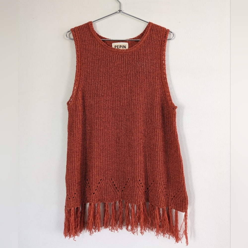 Anthropologie Pepin Crochet Knit Fringe Tank Women's Size Medium